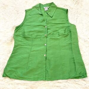 SLB Womens Top Silk Button Up Small Forest Retro Sleeveless Minimalist 14801‎ X